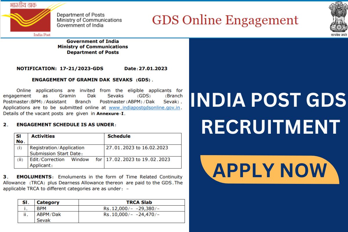 India Post Gds Recruitment Gramin Dak Sevak Notification Online