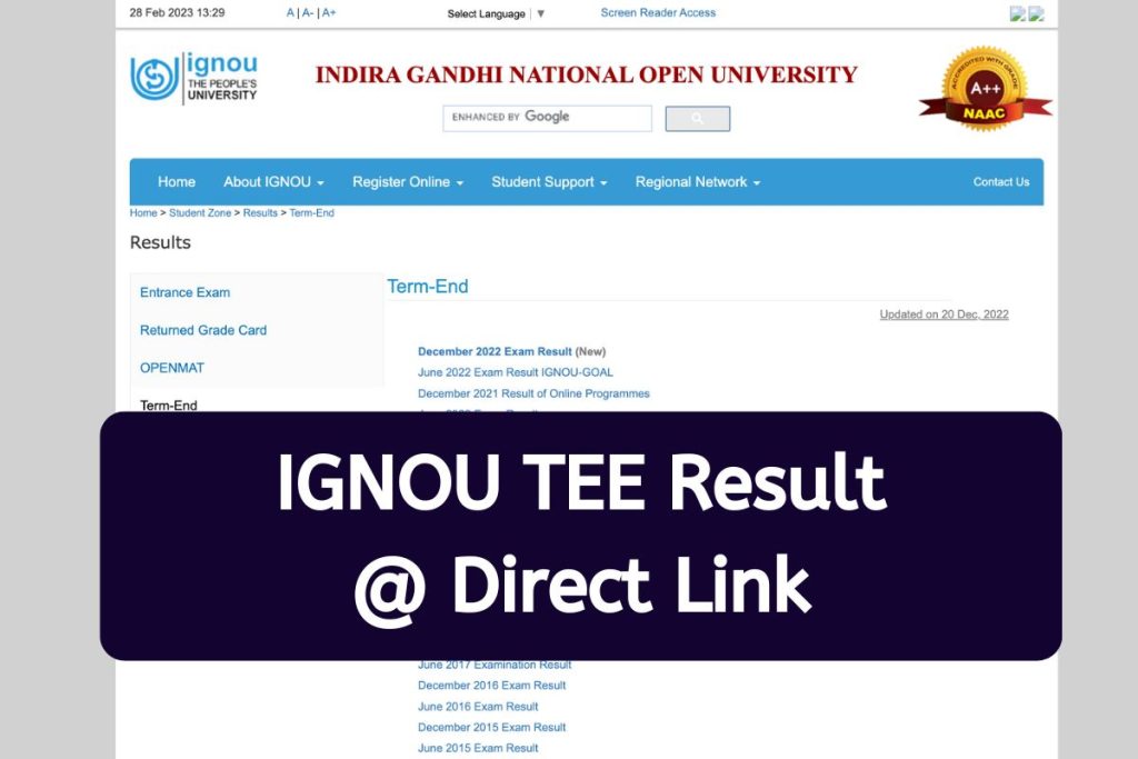 IGNOU TEE Result 2023 - December Exam Marksheet @ ignou.ac.in